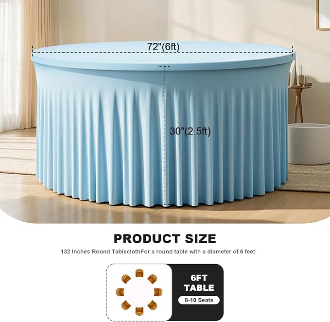 6FT Baby Blue Round Spandex Tablecloth 8 Pack – Stretch Fitted Table Cover for 72 Inch Round Table, Wrinkle Free Elastic Tablecloth for Baby Shower, Birthday Party, Wedding Reception, Event