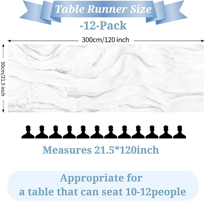 12 Pack White Table Runner, 10FT Cheesecloth Table Runner Long Romantic Semi Sheer Rustic Boho Gauze Table Runners for Wedding Bridal Shower Birthday Party Decorations(21.5×120 Inch)