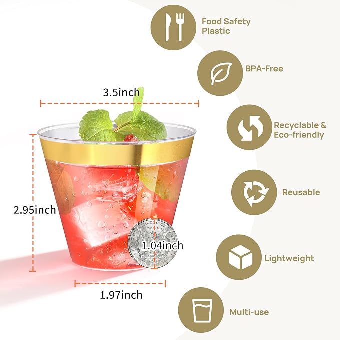 Byvivace 100Counts 9 OZ. Disposable Cups Old fashioned Party Tumblers, 9 Ounce Squat Cups Gold Rimmed Hard Plastic Party Wedding Cups with Gold Rim