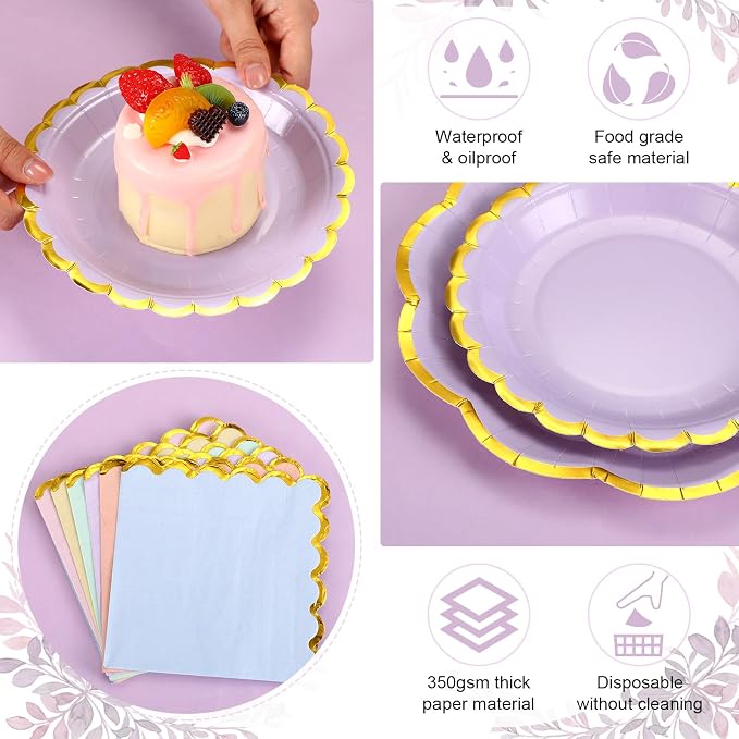 72 Pcs 24 Guests Pastel Plates and Napkins Party Supplies Pastel Scalloped Paper Plates Napkins Rainbow Disposable Tableware for Birthday Baby Shower Wedding Decorations