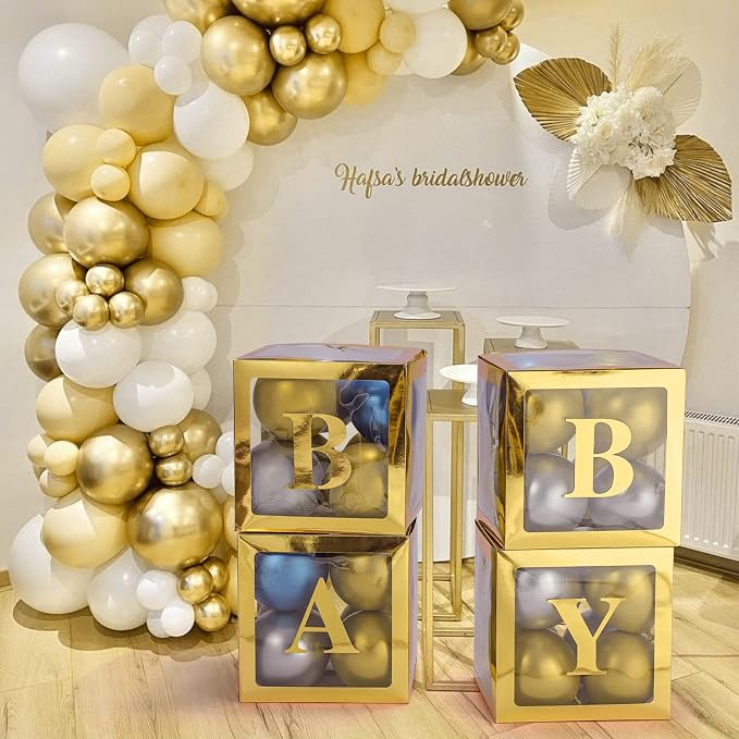 Baby Boxes with Letters for Baby Shower Decorations - 4 Transparent Balloon Boxes for Gender Reveal (Gold)