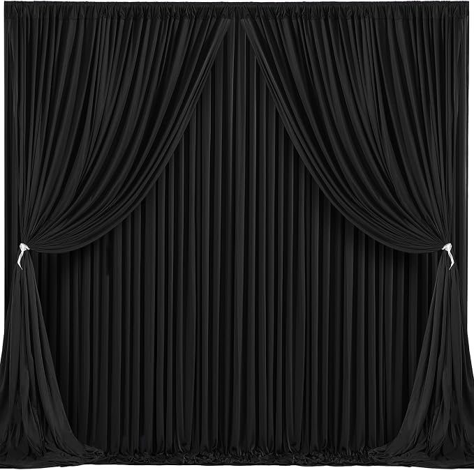 Black Backdrop Curtain 4 Panels-Wrinkle-Free Black Curtains Polyester Photography Drapes for Wedding Birthday Party Photo Background Backdrop Stand- 16 X10FT