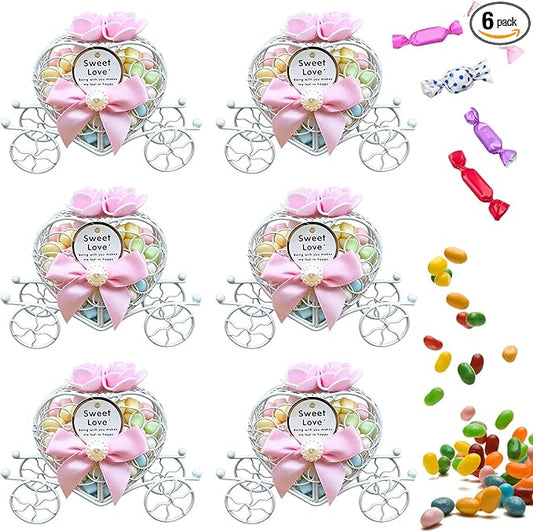 Tissting 6Pcs Heart Shaped Carriage Design Candy Boxes, 12cm/4.72in Metal Hollow Treat Case Mini Favor Candy Boxes for Wedding Valentines Day Party Decor (Pink)