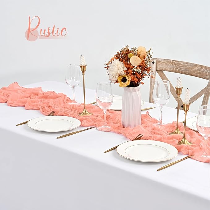 20 Pack Coral Table Runner 10Ft Cheesecloth Table Runner Boho Gauze Table Runners Romantic Long Sheer Fabric Cheese Cloth Table Runners for Wedding Party Bridal Shower