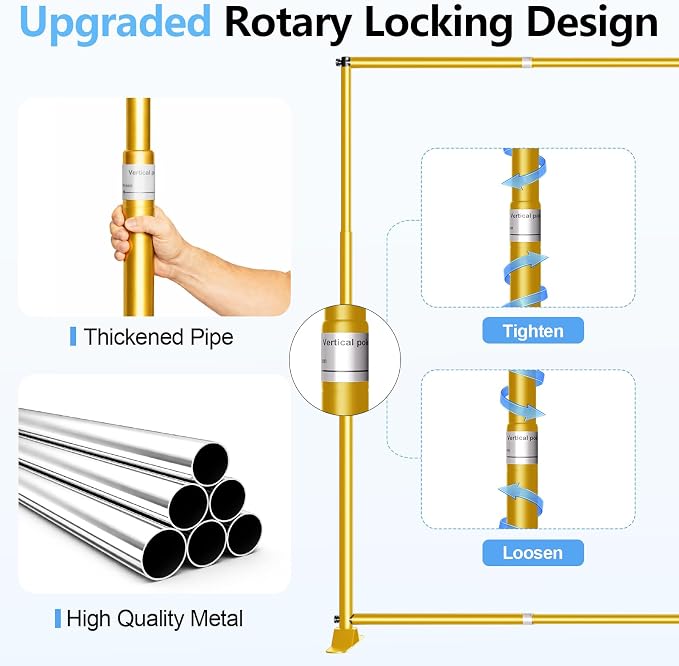 10 x 10FT Backdrop Banner Stand, Heavy Duty Adjustable Photo Background Support Frame Kit, Step and Repeat Stand for Photo Booth, Parties, Exhibition, Trade Show, Wedding - Gold