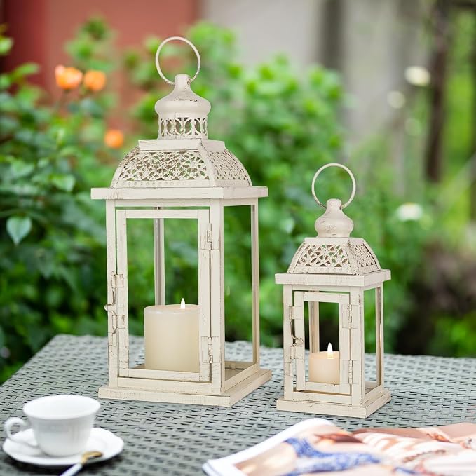 Large Lantern Decorative Outdoor & Indoor, Set of 2 (14’’&10’’) Metal Candle Lanterns Decor, Vintage Hanging Candle Holder for Front Porch Patio Wedding Farmhouse Home, Spring Decoration