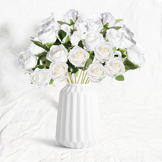 50 Pcs Artificial Silk Roses Flowers Bulk Realistic Long Stem Faux Flower Bouquet for Wedding Centerpieces, Valentine's Day Decor, Home Arrangements, Table Decorations(White)