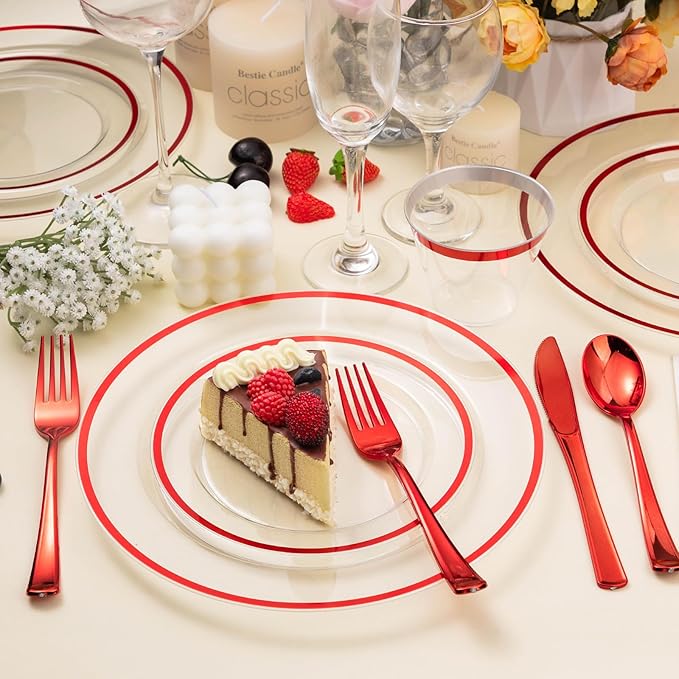 Beststar 350PCS Red and Clear Plastic Dinnerware Sets for 50 Guests, Include 100 Red Disposable Party Plates, 100 Forks, 50 Knives, 50 Spoons, 50 Cups,christmas party supplies