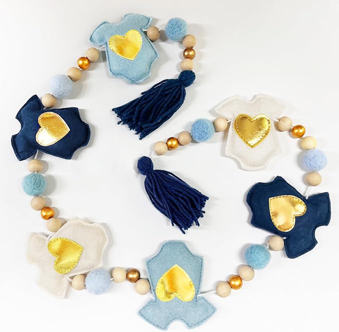 Dusty Blue Gold Baby Clothes Decoration Pre-Strung Handmade Felt Baby Clothes Wooden Bead Wool Felt Ball Garland Banner for Sweet Boy It's a Boy Baby Shower Party Nursery Fireplace Home Wall Decor