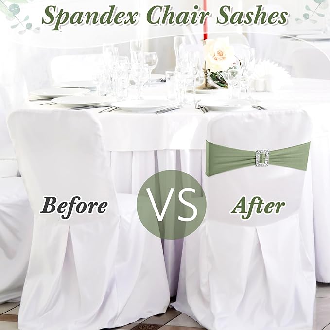 VitalCozy 100 Pcs Spandex Chair Sashes with Square Buckle Slider Stretch Chair Cover Band Universal Elastic Ties Straps Bows for Wedding Banquet Event Party Decoration(Sage Green)