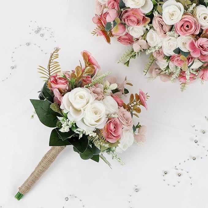 Wedding Bouquet for Bridesmaid- Hand Holding Flower Bouquet 7 Inch Artificial Flower Bouquet for Bride Party Ceremony Anniversary Decor - Dusty Pink & White