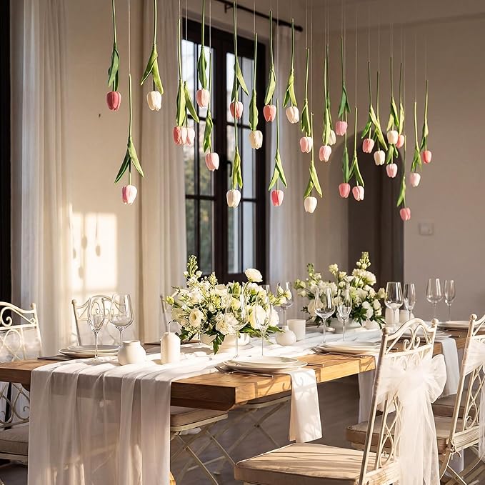 24 Pack 6 ft Artificial Tulips Hanging Flower Garland Decorations Spring Tulip from Ceiling Dangling Valentines Faux Floral Vine Strings with Hook for Wall Ceiling Wedding Party (Multicolor)