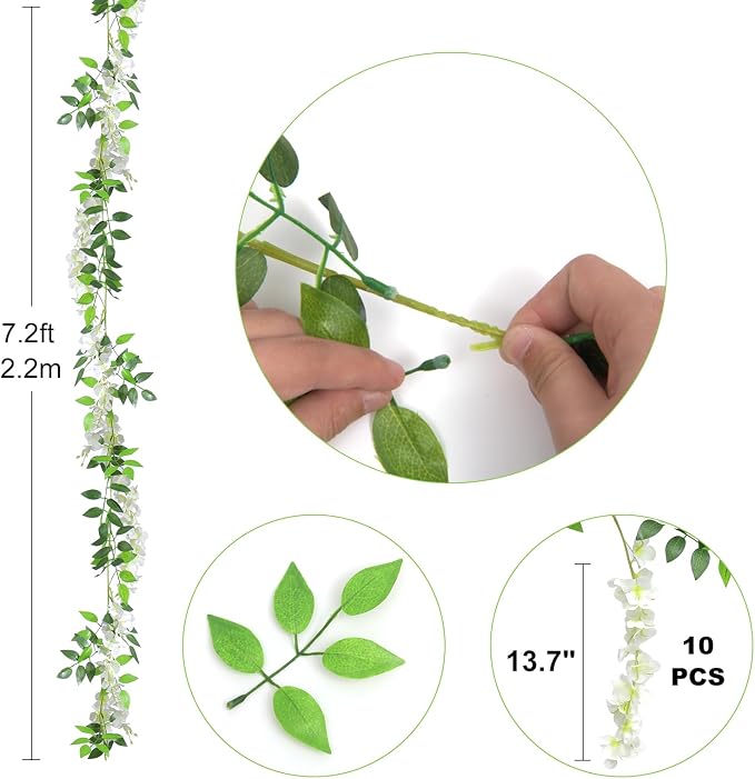 Findosom Wisteria Artificial Flowers Garland, 15Pcs Total 108FT White Wisteria Hanging Flowers, Flower Garland Decorations for Home Garden Outdoor Ceremony Wedding Arch Decoration
