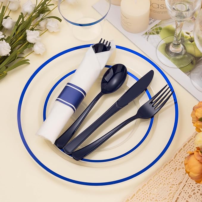 BESTSTAR 350PCS 4th of July Clear and Blue Disposable Plates Set for 50 Guests, 100 Plastic Plates, 50 Cups, 50 Pre-Rolled Napkins with Plastic Cutlery for 4th of July, Graduation Party, Birthday