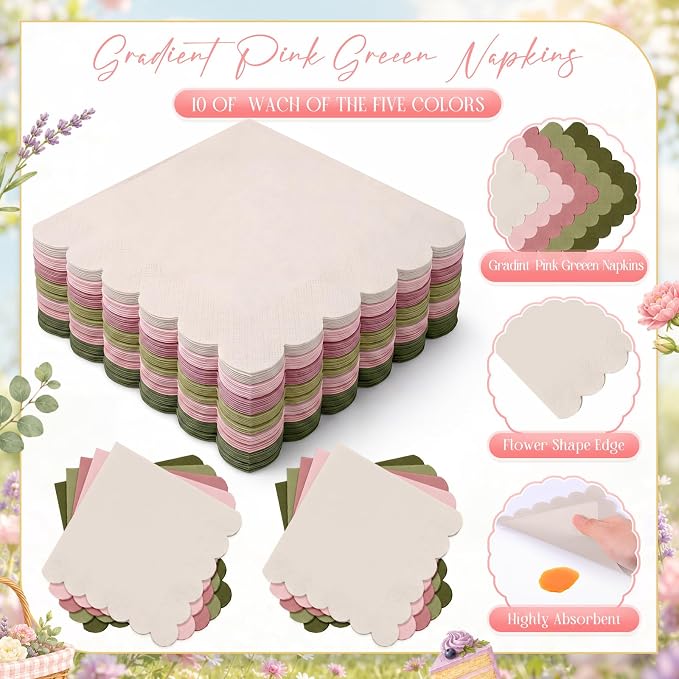 Zhehao 150 Pcs Matcha Plates and Napkins Tableware Serves 50 Includes 9 Inch 7 Inch Dusty Pink and Green Scalloped Wave Edges Paper Plate and Napkins for Wedding Birthday Baby Shower Party
