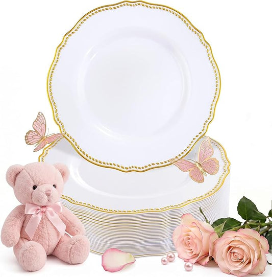 Hioasis 60pcs Gold Plastic Plates - White and Gold Disposable Dinnerware with Gold Rim, Heavy-duty, 7 inch, Dessert Plates for Party & Thanksgiving