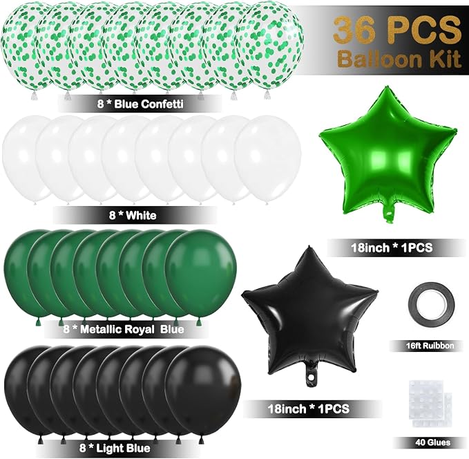 Green Black Birthday Decorations, Happy Birthday Banner, Backdrop, Balloons, Honeycomb Balls, Star Foil Balloons, Stars Hanging Swirls & Cake Topper for Baby Boys Girl Men Women Birthday Decoration