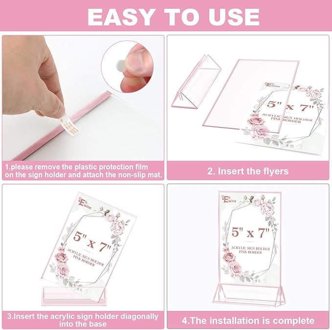 EHWINE 12 Pack Acrylic Sign Holder 5 x 7, Double-Sided Stand up Table Top Sign Holders, Pink Acrylic Picture Frame Menu Flyer Paper Holder Display Stand for Office Business Store Wedding Party