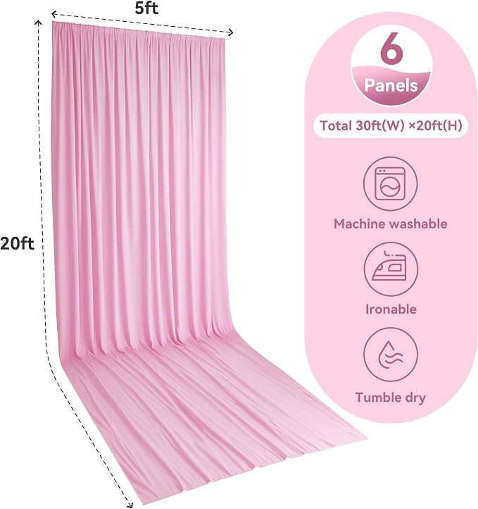 6 Panels 5x20ft Pink Ceiling Drapes for Wedding Parties, Wrinkle Free Ceiling Curtains Thick Polyester 20 ft Long Canopy Tent Draping Fabric Arch Drapery for Birthday Big Party Events