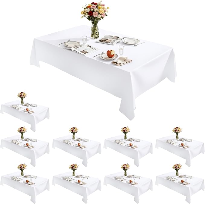Rectangle Tablecloth 60" x 84", White Washable Polyester Table Cloth, Wipeable Table Cover for Dining, Wedding, Birthday, Party, Banquet Decor, 10 Pack