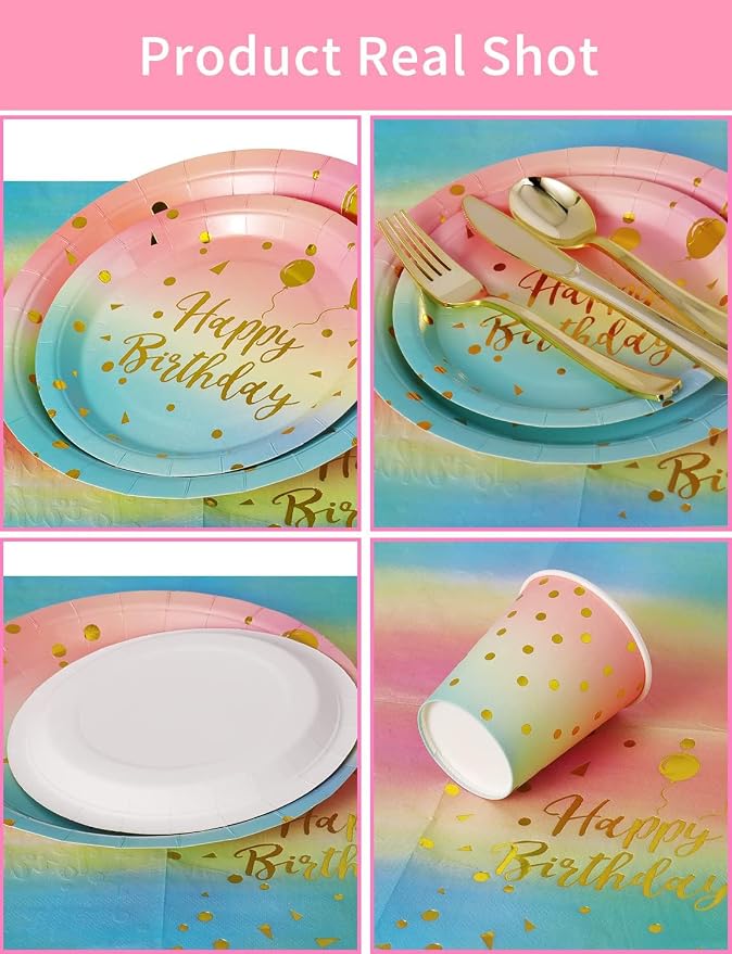 Nkaiso Birthday Party Tableware, 161 Pieces Rainbow gold Party Supplies, Party Dinnerware Sets Include Paper Plates Napkins Cups Silverware, for Shower Engagement Parties Decoration -20 Serves