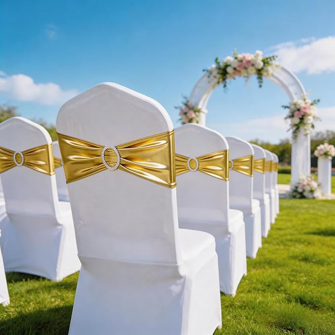 Spanedx Gold Chair Sashes 50 Pack for Wedding Party Elastic Chair Bands Bows Decorations, Without White Chair Covers (Metallic Gold)