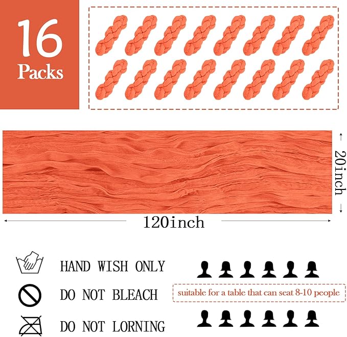 16 Pack Orange Cheesecloth Table Runner 20 x 120 inch Gauze Table Runners 10 FT Long,Semi Sheer Cheese Cloth Fabric Table Runner Bulk for Wedding,Party,Baby Shower,Bridal Shower Decoration