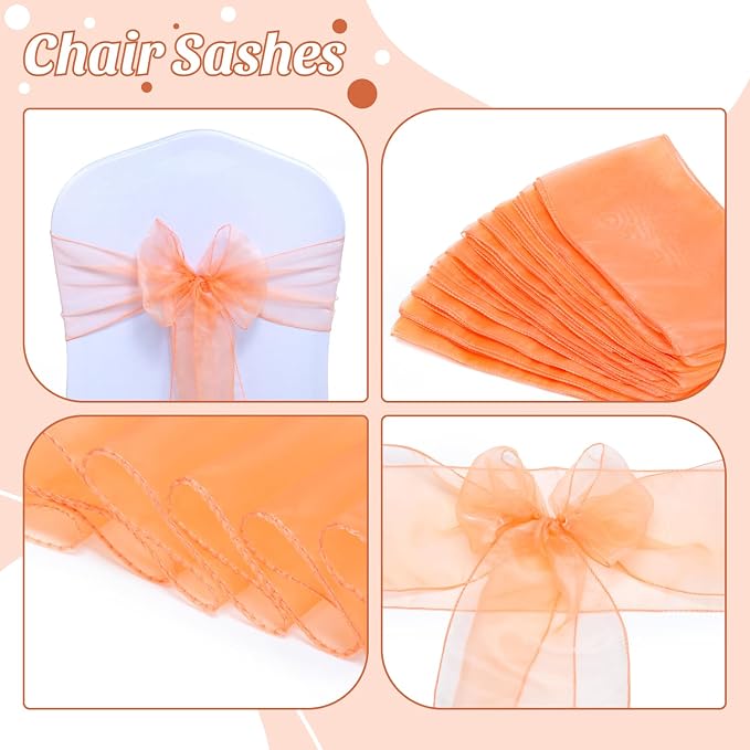 MDS® Pack of 125 Organza Chair Sashes for Wedding Decoration, Reusable Sheer Chair Bows for Banquet Chair Cover, Reception, Bridal Shower, Baby Shower, Birthday Party & Special Events - Peach