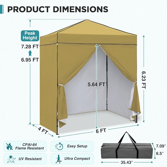 EAGLE PEAK 6x4 Instant Pop Up Canopy Tent with 4 Side Wall Panels, Straight Leg Sun Shelter, Portable Canopy with Carry Bag for Camping, Beach & Sports, Beige