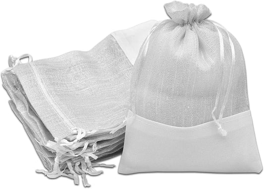 TheDisplayGuys For Your Modern Living 24-Pack Linen & White Organza Gift Bags with Drawstrings (Large 5 1/2 x 8) - Party Favors, Samples, Treats Mesh Pouches