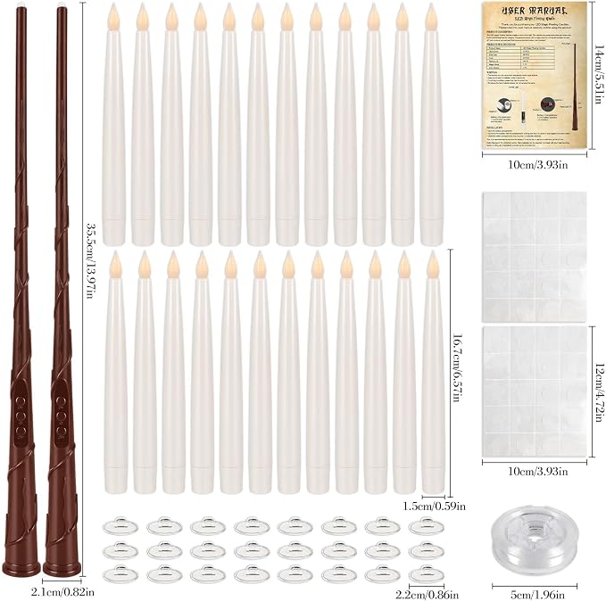 fclayvts 24PCS Floating Candles with Wand Remote,Magic Hanging Taper Candle with String,Flickering Battery Operated Taper Candle with Wand Remote for Halloween Decorations Best Gift（White）