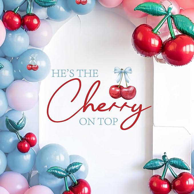 She’s The Cherry On Top Baby Shower Decorations - She’s The Cherry On Top Sign, Cherry Decal for Balloons Arch Backdrop, Blue First Birthday Decorations for Boys, 1St Party Supplies Banner for Boys