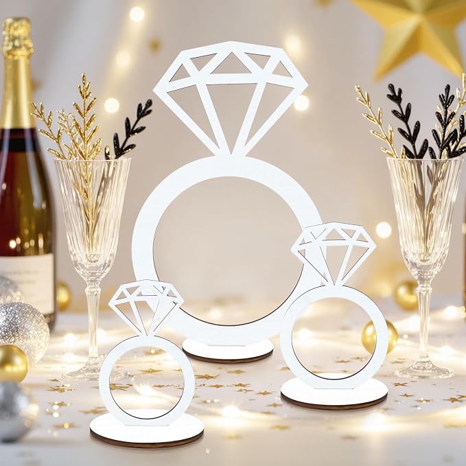 3 PCS Bridal Shower Centerpieces for Tables Diamond Ring Sign Table Centerpieces White Wooden Diamond Ring Sign Decorations for Wedding Anniversary Supplies Batcholette Party Engagement Party
