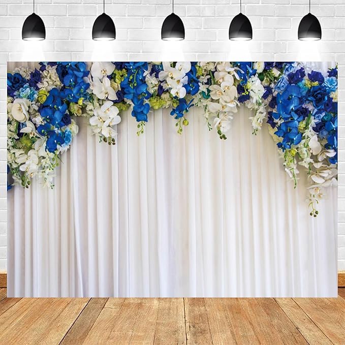 6x4ft White Wedding Backdrop White Blue Floral Flowers Photography Background Bride Groom Ceremony Party Bridal Shower Banner Decorations Engagement Proposal Portrait Photo Booth Prop