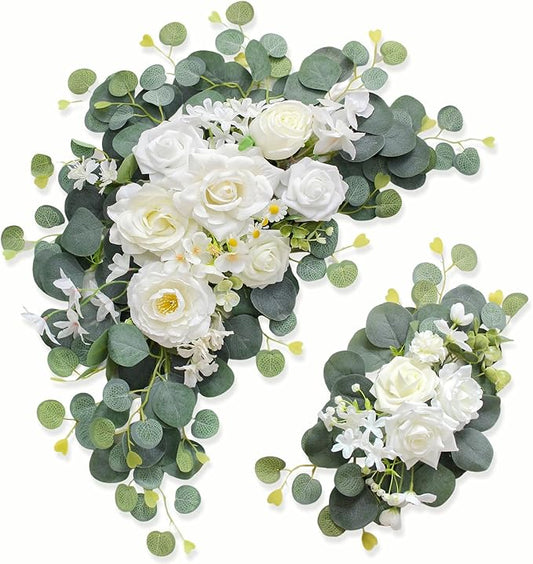 Odouzy Artificial Wedding Arch Flowers for Wedding Sign,Set of 2 for Wedding Welcome Ceremony Sign,Faux Floral Swags,Wedding, Banquet and Reception Backdrop Floral Decoration (White Champagne)
