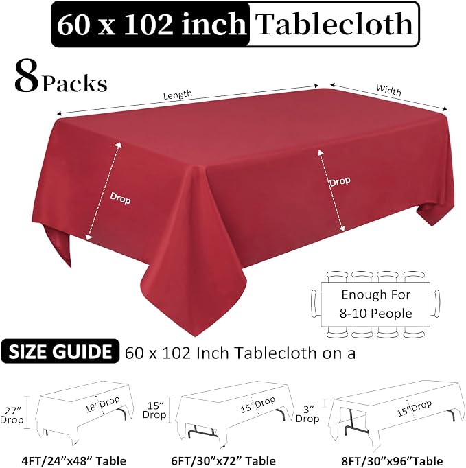 8 Pack Red Tablecloth 60 x 102 Inch Rectangular Table Cloth for 6 Foot Rectangle Tables, Wrinkle Resistant Washable Polyester Fabric for Holiday Buffet Wedding Party Banquet