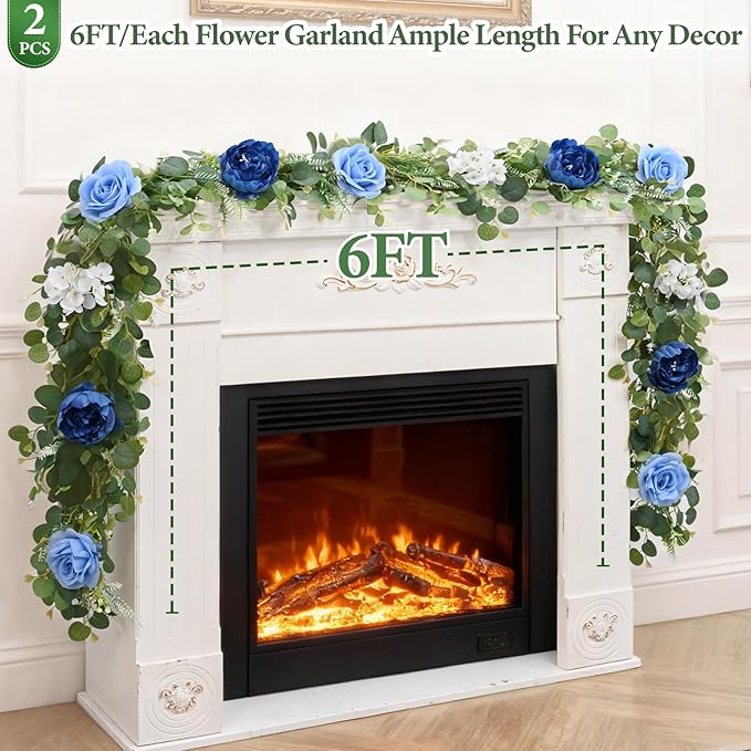 Livole 2Pcs 12 Ft Artificial Flower Garland Fake Blue Rose Peony Floral Garland with Eucalyptus Flower Hanging Vine for Wedding Arch Table Centerpieces Backdrop Party Home Decorations