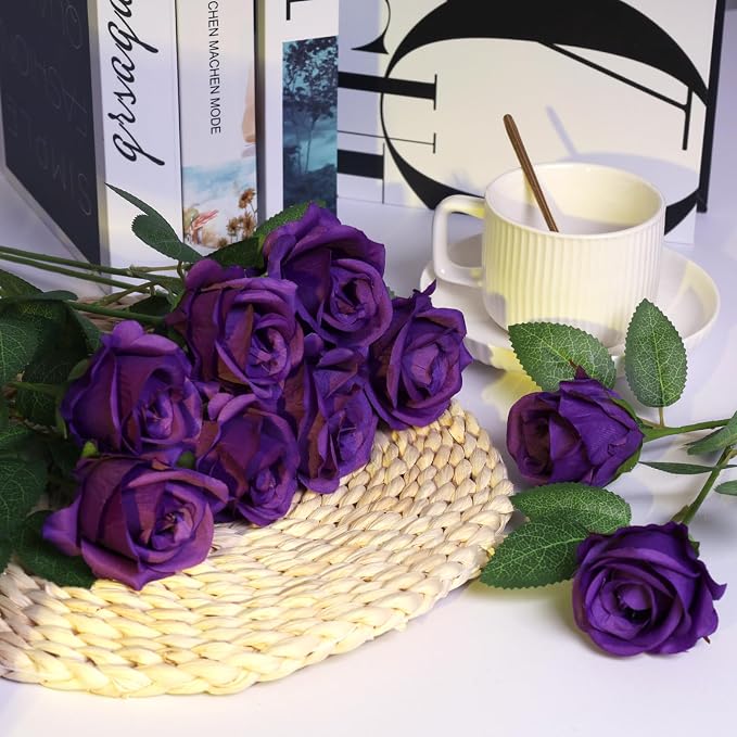 90pcs Fake Dark Purple Roses Artificial Flowers Bulk Realistic Silk Faux Rose with Stems for Wedding Decoration Anniversary Bridal Bouquet DIY Floral Arrangement Romantic Home Decor Gifts