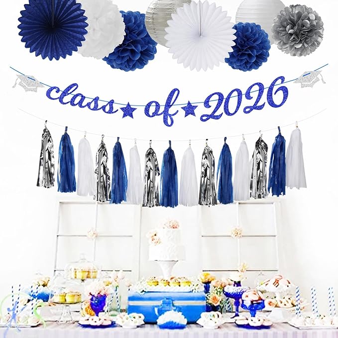 Navy-Blue White Silver Graduation Party-Decorations Garland - 31pcs Congrats Grad Class 2026 Banner,Hat Hanging Streamers,College High School Congratulations Master Classroom Backdrop Decor Burgleda