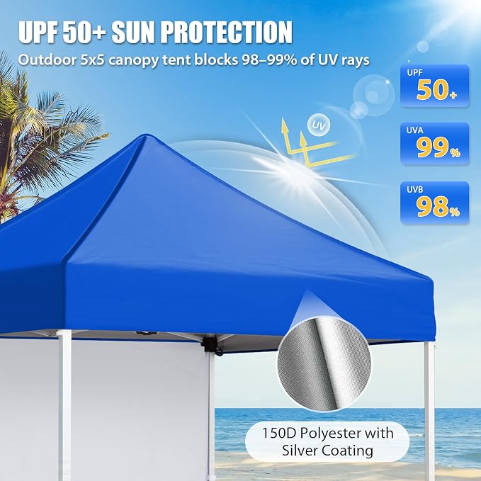 EAGLE PEAK Pop up Canopy 5x5, Outdoor Portable Canopy Tent with One Removable Sunwall, Carry Bag Included, Blue
