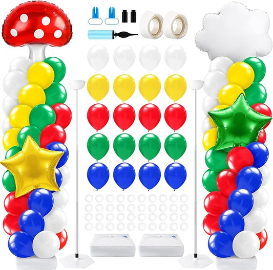 2 Sets Red Blue Green Yellow Balloon Column Stand Kit with Cloud Mushroom Star Coloful Balloons Arch Garland Kit for Cartoon Video Game Theme Birthday Party Supplies