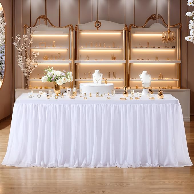 6 Pack White Tulle Tablecloth Table Skirt for 6 Foot Rectangle Tables, Wedding Table Cloths Ruffle Tutu Table Skirt Stretch Fitted Table Covers for Parties Birthdays Baby Shower Celebration Banquet