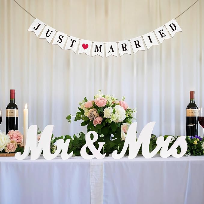 Rustic Wedding Decoration Set Just Married Cake Topper & Banner & Mr Mrs Table Sign in Wood