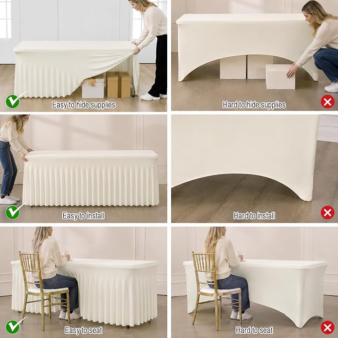 leegleri 2 Pack Beige Spandex Fitted Tablecloths for 6 Foot Rectangle Tables, Beige Stretch Table Cloth with Table Skirt, Wrinkle Free Spandex Table Covers 6ft for Parties, Weddings, Trade Shows