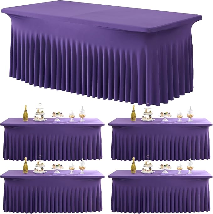 4 Pack Purple Spandex Tablecloths for 6 Foot Rectangle Tables, Wrinkle Free Stretchy Table Cloths 6ft Fitted Table Cover DeskSkirt for Weddings Birthday Party Banquet Baby Shower