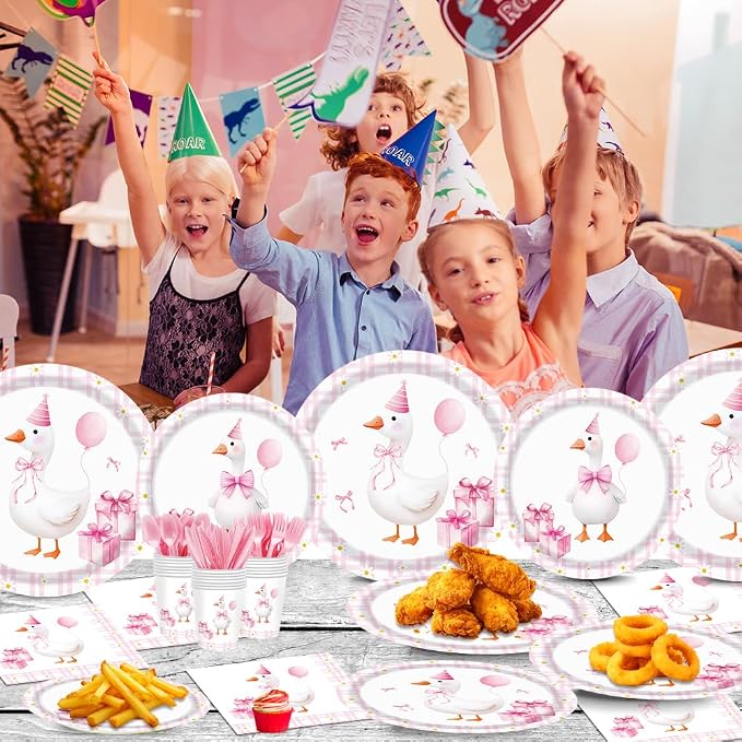 140pcs Pink Pet Duck Birthday Decorations Supplies, Disposable Paper Dinnerware Set Paper Plates Napkins Cups Set for 20 Guests Duck