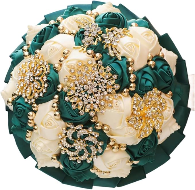 Emerald Green and Ivory Bridal Wedding Bouquet with Gold Brooch Rhinestone Pearl Satin Rose Flower Bouquet for Bride Bridesmaid Quinceanera Wedding Emerald Green and Ivory 7.1in