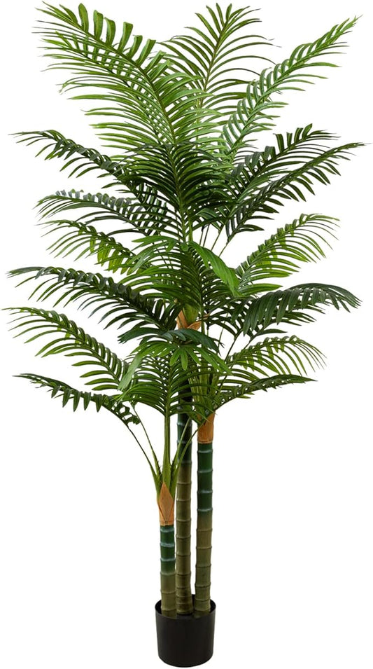 6FT Tall Golden Cane Artificial Palm Tree, Large Faux Palm Tree with 3 Textured Trunks, Outdoor Artificial Plants, Fake Tree for Indoor Office Living Room Outside Patio.