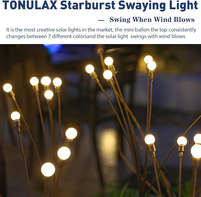 TONULAX Solar Garden Lights - 8 Pack Upgraded Solar Swaying Light, Sway by Wind, Outdoor Lights, Yard Patio Pathway Decoration, High Flexibility Iron Wire & Heavy Bulb Base, Warm White