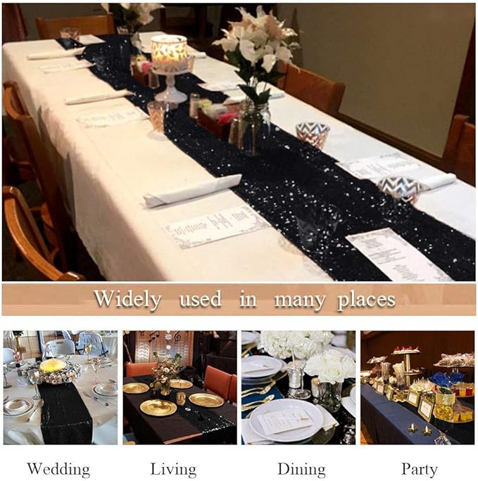 ShinyBeauty Black Table Runner 12" x 108" Sequin Table Runner Glitter Runner for Table Fall Table Runner Halloween Party Table Overlay